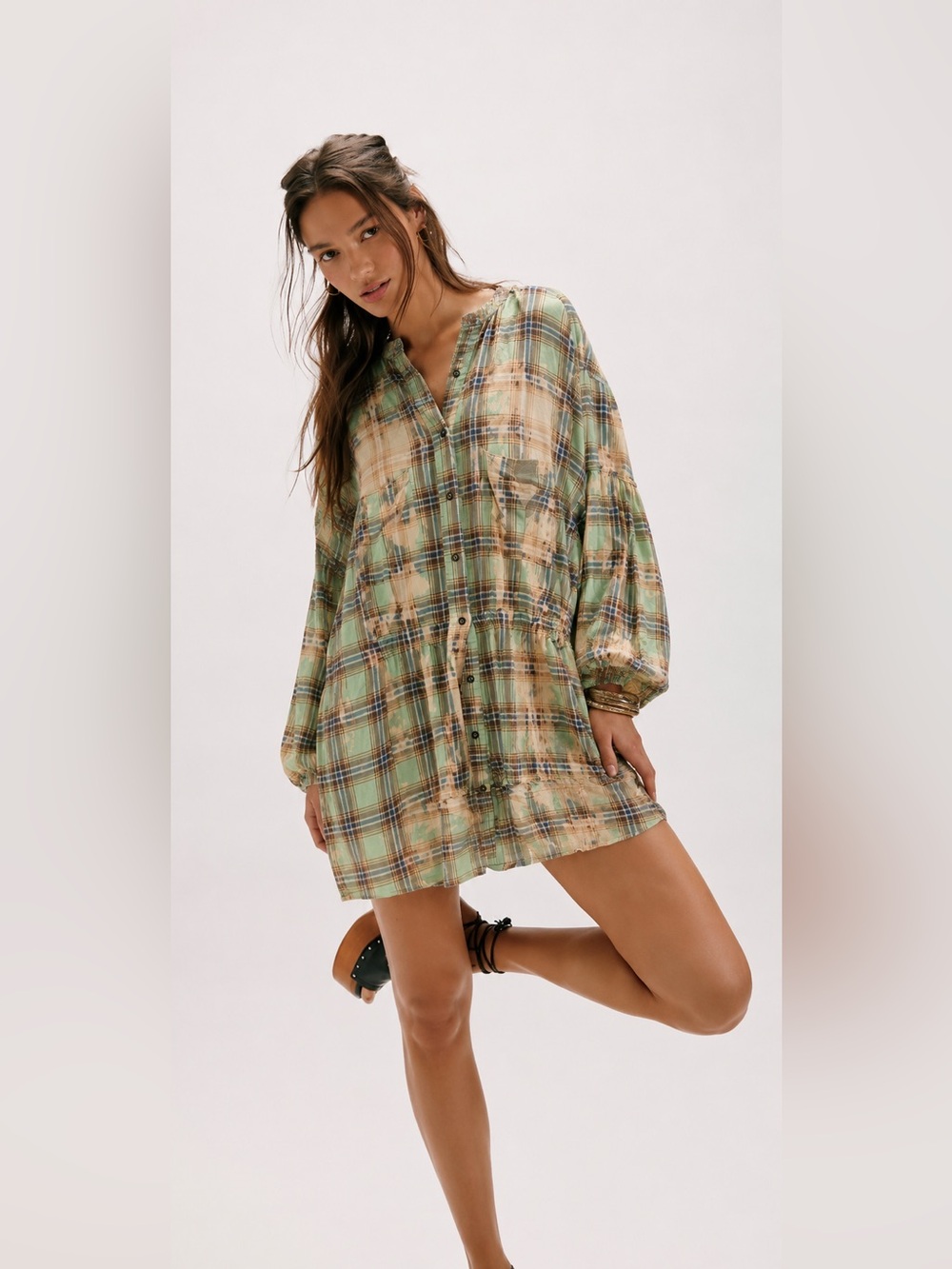 JADED GYPSY VIRIDITY PLAID BLEACHED OUT DRESS